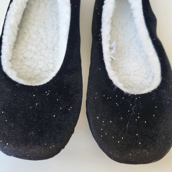 Totes Ballet Slippers Black Sparkles Faux Fur Bunny Cozycore Sleepwear Comfy L - Picture 3 of 12